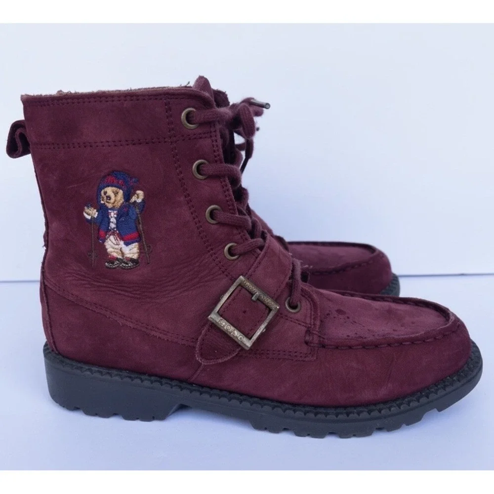 Polo Ralph Lauren Polo Bear Burgundy Leather Ranger Combat Hi II Boots Sz 4.5 US